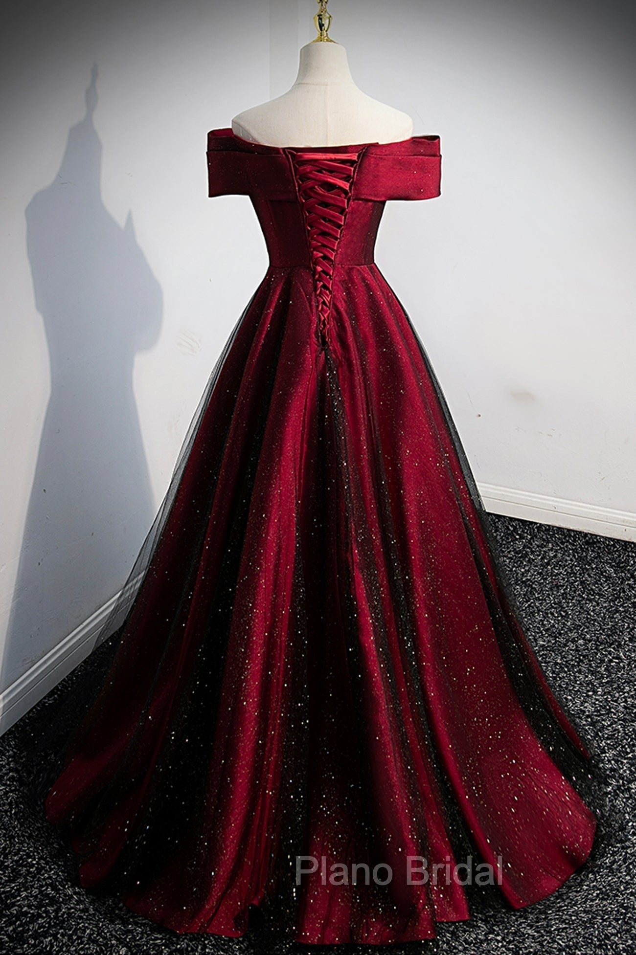 Burgundy Satin Off the Shoulder Formal Prom Dresses, A-Line Evening Graduation Dresses