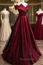 Burgundy Satin Off the Shoulder Formal Prom Dresses, A-Line Evening Graduation Dresses