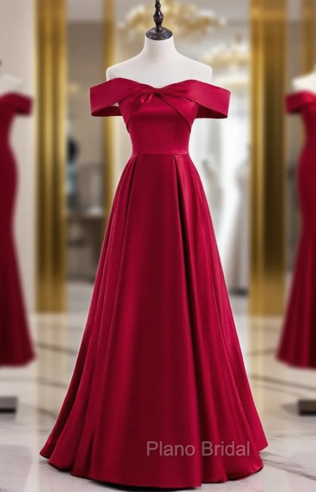 Burgundy Satin Off the Shoulder Formal Prom Dresses Main image
