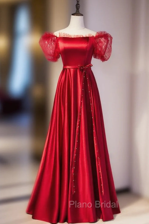 Burgundy Satin Off the Shoulder Puff Sleeve Beading Formal Prom Dresses Main image