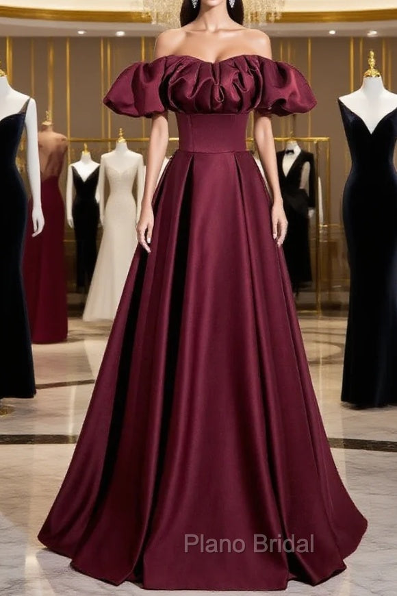 Burgundy Satin Off the Shoulder Puff Sleeve Pleats Formal Prom Dresses Main image