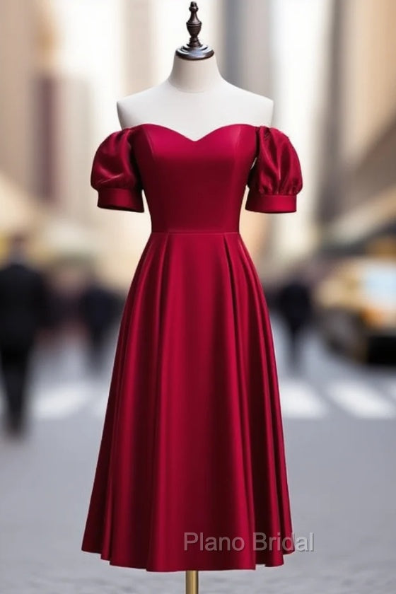 Burgundy Satin Off the Shoulder Puff Sleeve Formal Prom Dresses