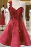 Burgundy Satin One Shoulder 3D Appliques Homecoming Dresses