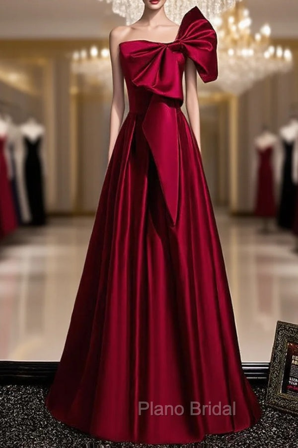 Burgundy Satin One Shoulder Bow Formal Prom Dresses