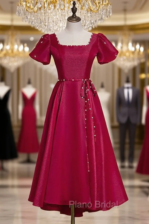 Burgundy Satin Puff Sleeve Backless Formal Prom Dresses Main image