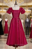 Burgundy Satin Puff Sleeve Backless Formal Prom Dresses
