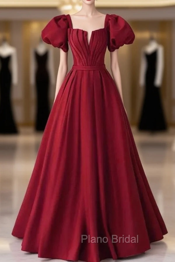 Burgundy Satin Puff Sleeve Pleats Formal Prom Dresses Main image