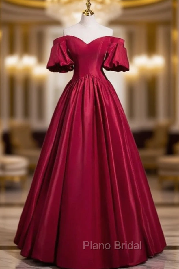 Burgundy Satin Puff Sleeve Formal Prom Dresses Main image