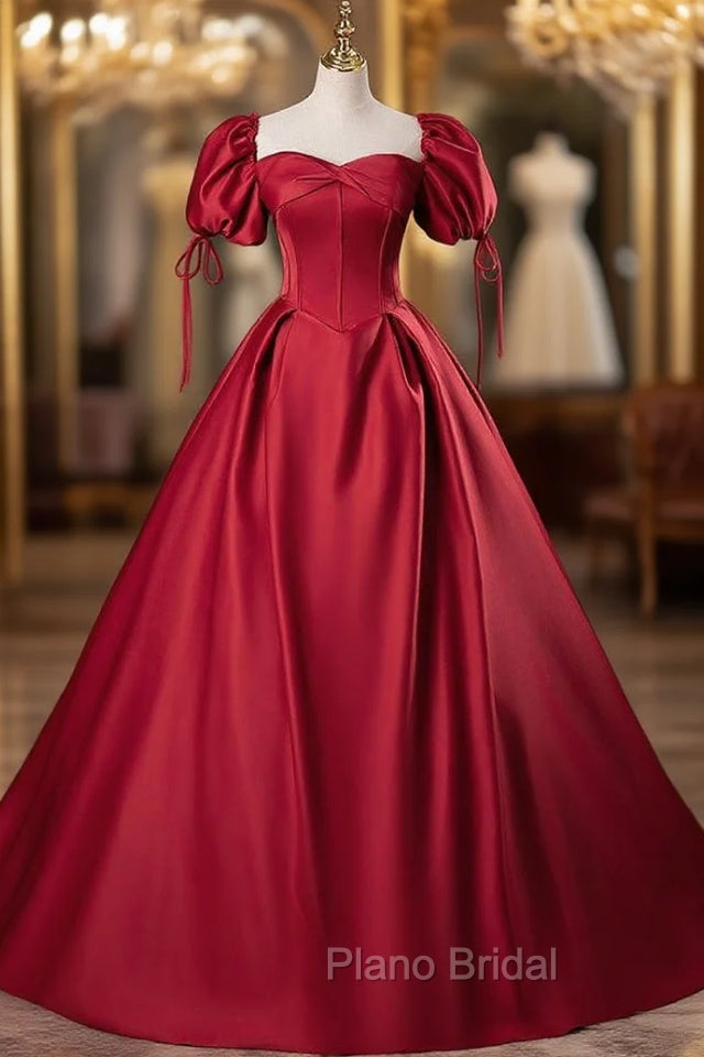 Burgundy Satin Puff Sleeve Strapless Quinceanera Dresses