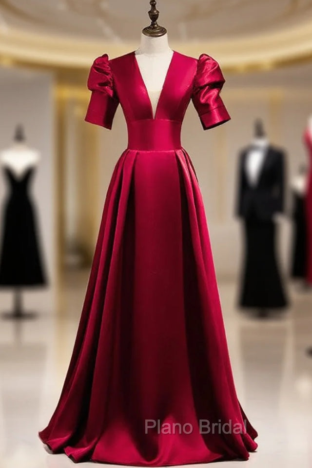 Burgundy Satin Puff Sleeve V-neck Backless Formal Prom Dresses Main image