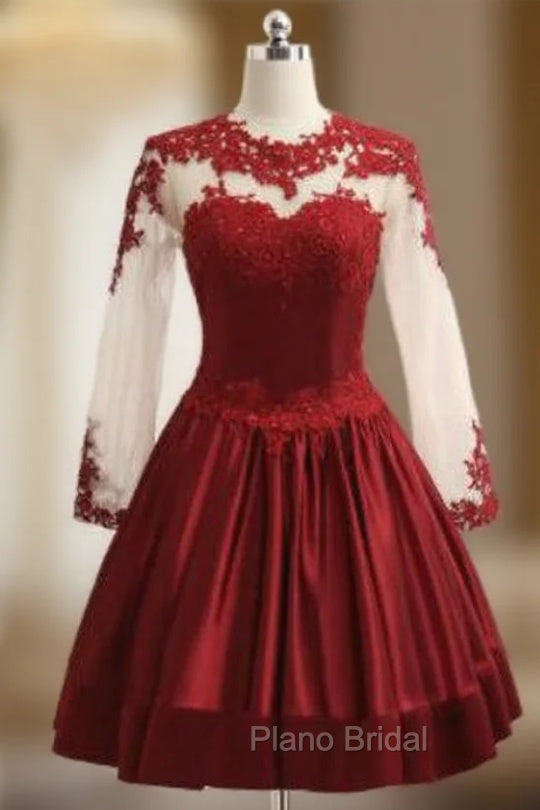 Burgundy Satin Short Lace Elegant Short Cocktail Dresses Main image