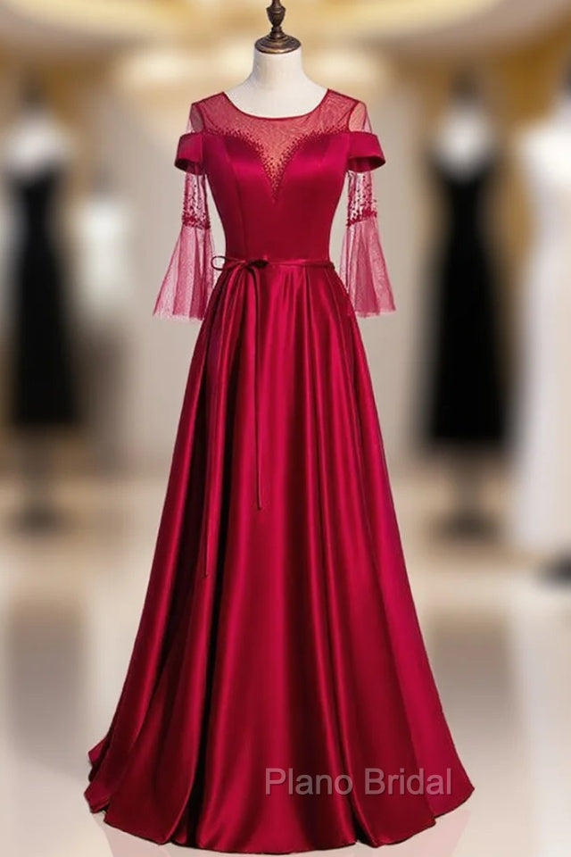 Burgundy Satin Short Sleeve Beading Backless Formal Prom Dresses Main image