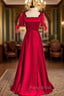Burgundy Satin Short Sleeve Beading Formal Prom Dresses