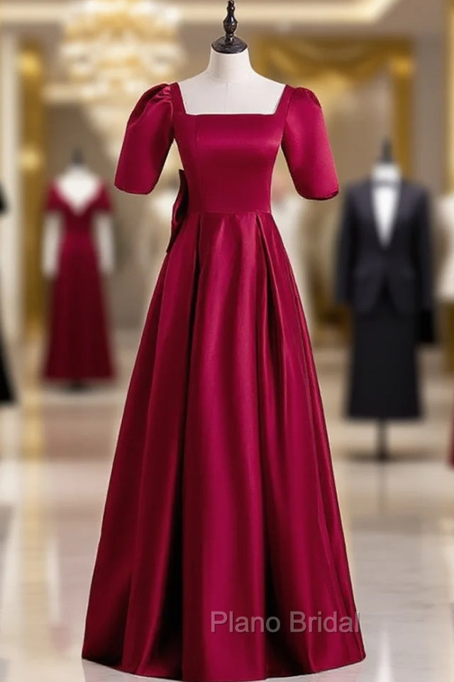 Burgundy Satin Short Sleeve Bow Formal Prom Dresses Main image