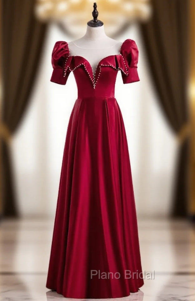 Burgundy Satin Short Sleeve Pearls Formal Prom Dresses Main image