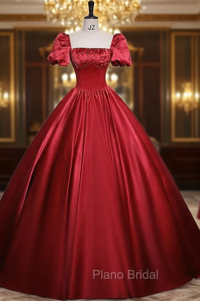 Burgundy Satin Short Sleeve Pleats Formal Prom Dresses Main image