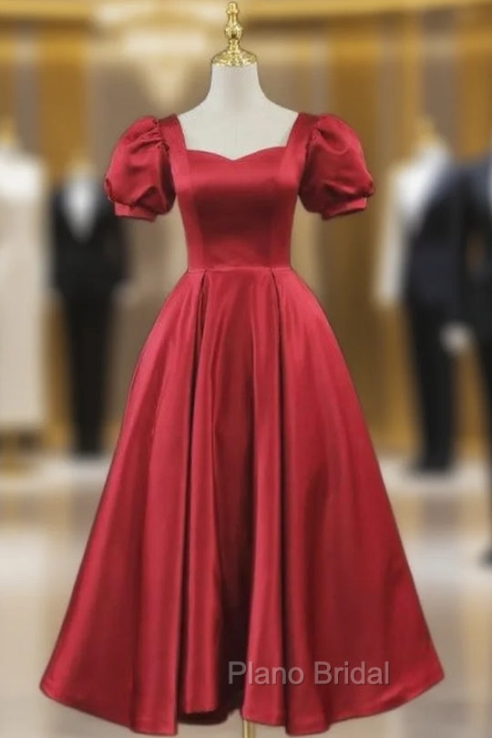 Burgundy Satin Short Sleeve Formal Prom Dresses