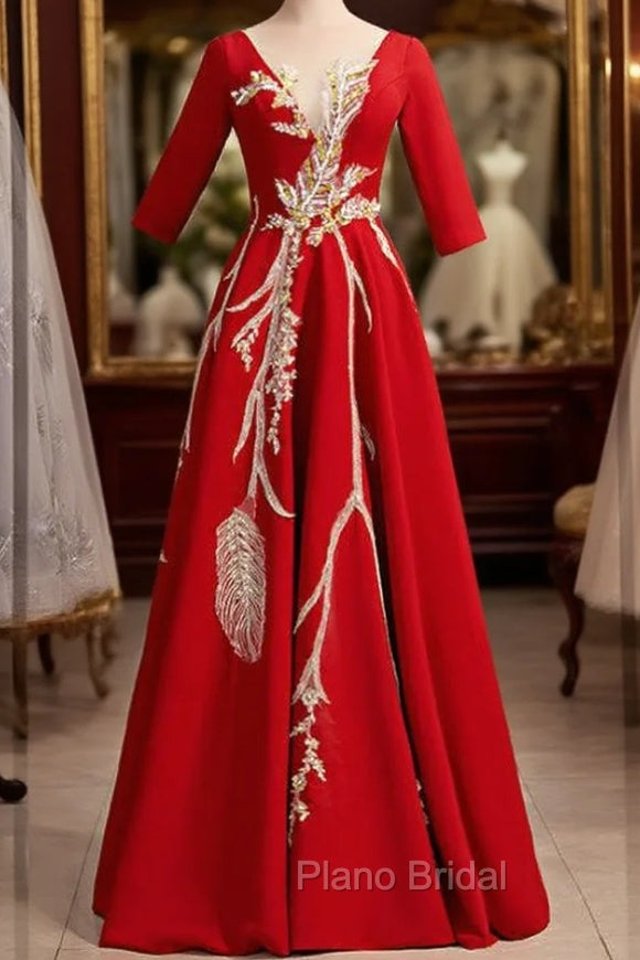 Burgundy Satin Short Sleeve Sequins Appliques Formal Prom Dresses Main image