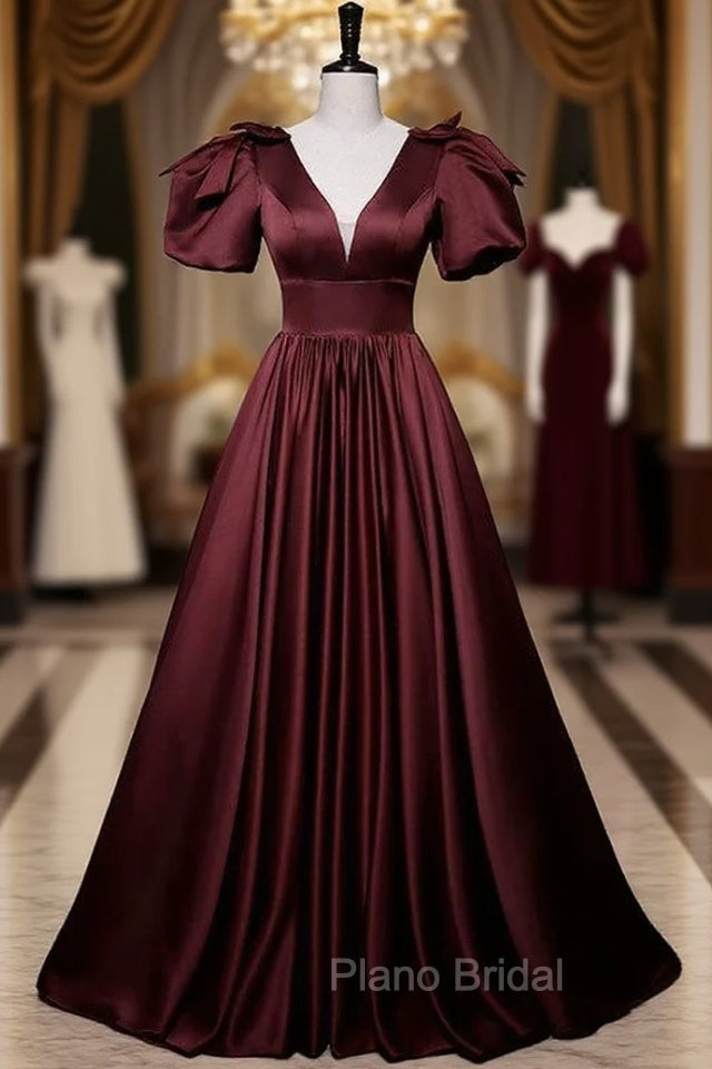 Burgundy Satin Short Sleeve V-neck Formal Prom Dresses