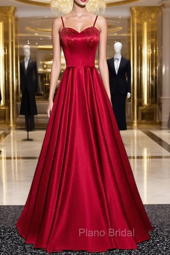 Burgundy Satin Spaghetti Straps Beading Formal Prom Dresses Main image