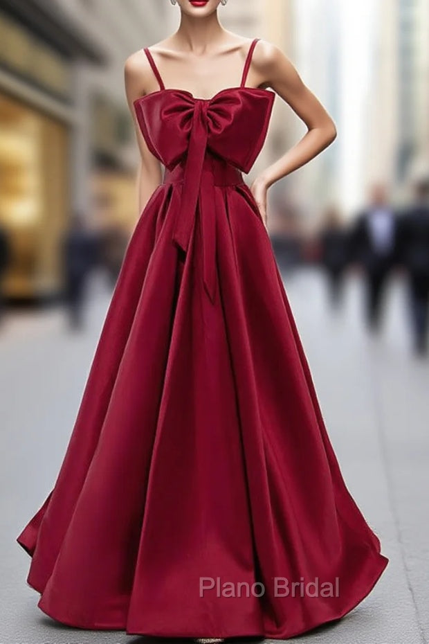 Burgundy Satin Spaghetti Straps Formal Prom Dresses With Bow Main image