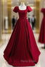Burgundy Satin Square Beading Short Sleeve Formal Prom Dresses