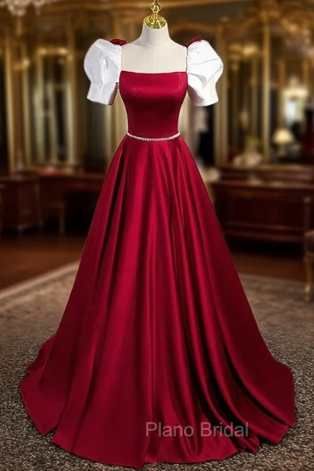 Burgundy Satin Square Neck Short Sleeve Formal Prom Dresses