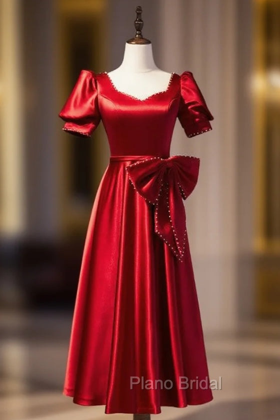 Burgundy Satin Square Puff Sleeve Pearls Bow Formal Prom Dresses Main image
