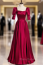 Burgundy Satin Square Short Sleeve Pearls Formal Prom Dresses