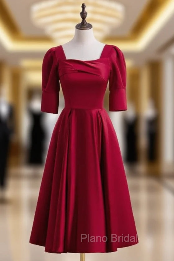 Burgundy Satin Square Short Sleeve Tea Length Formal Prom Dresses Main image