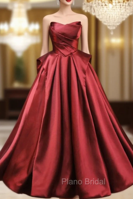 Burgundy Satin Srapless Pleats Formal Prom Dresses Main image