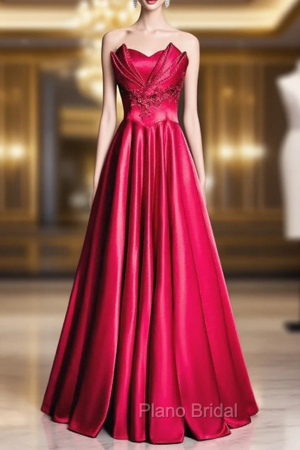 Burgundy Satin Strapless Beading Formal Prom Dresses Main image