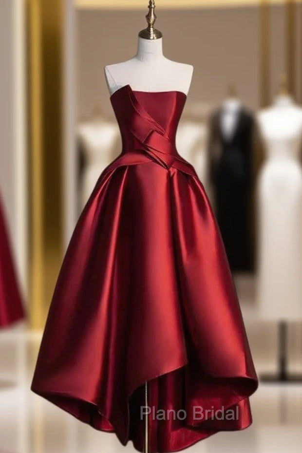 Burgundy Satin Strapless Formal Prom Dresses Main image