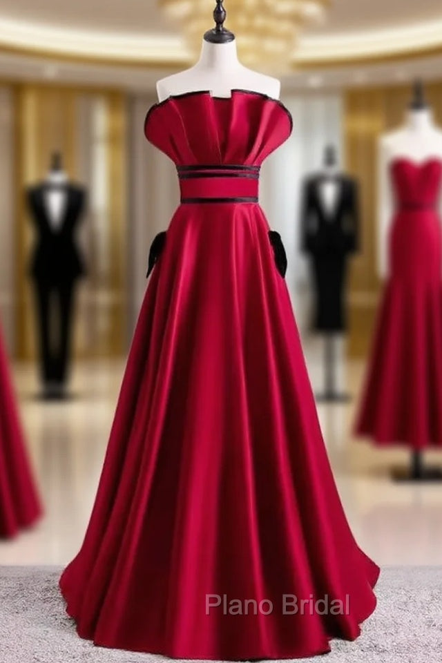 Burgundy Satin Strapless Pleats Formal Prom Dresses Main image