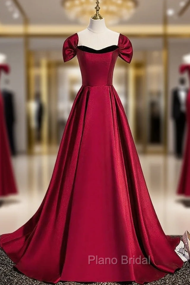 Burgundy Satin Strapless Formal Prom Dresses With Detachable Sleeve Main image