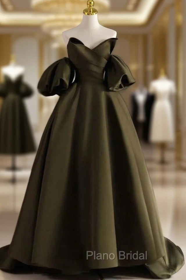 Burgundy Satin Strapless Puff Sleeve Formal Prom Dresses