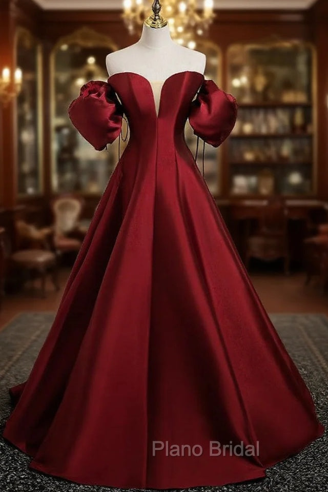 Burgundy Satin Strapless Puff Sleeve Formal Prom Dresses Main image