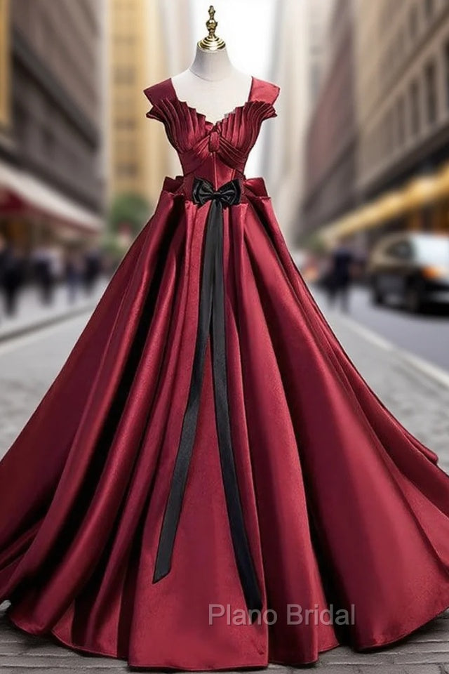 Burgundy Satin Strapls Pleats Formal Prom Dresses With Bow Main image