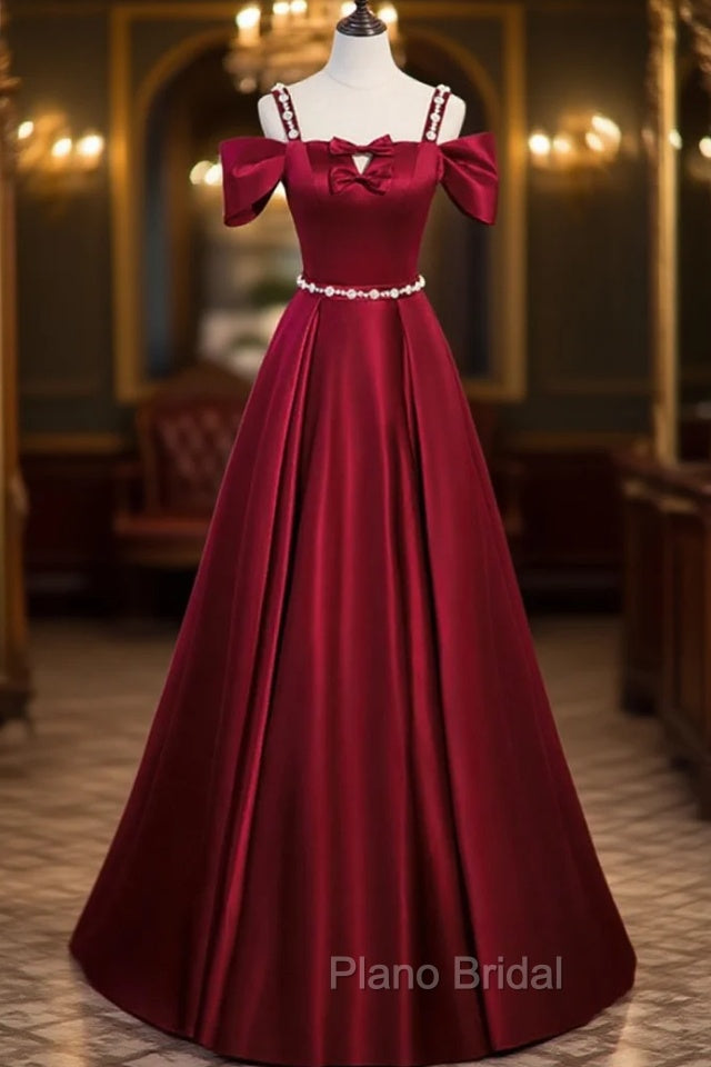 Burgundy Satin Straps Bow Formal Prom Dresses
