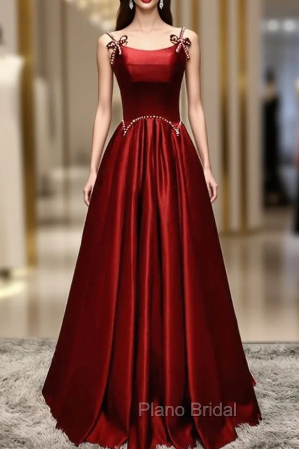 Burgundy Satin Straps Pearls Formal Prom Dresses Main image