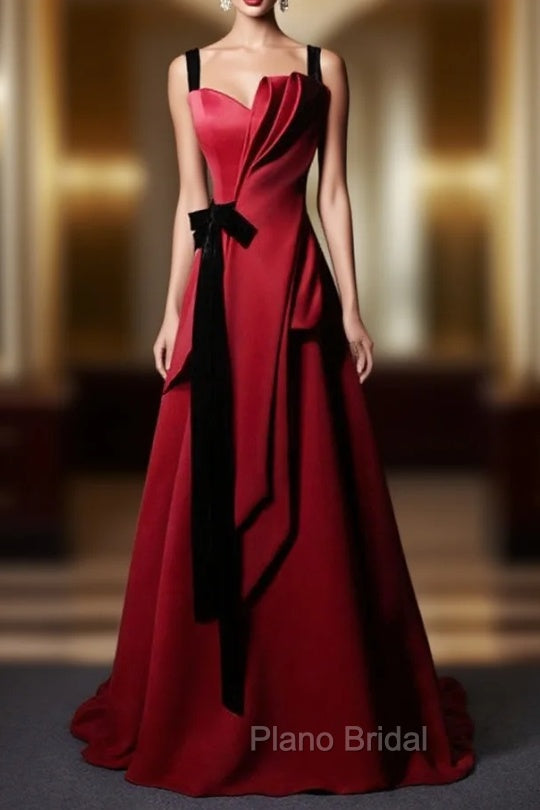 Burgundy Satin Straps Pleats Black Velvet Formal Prom Dresses