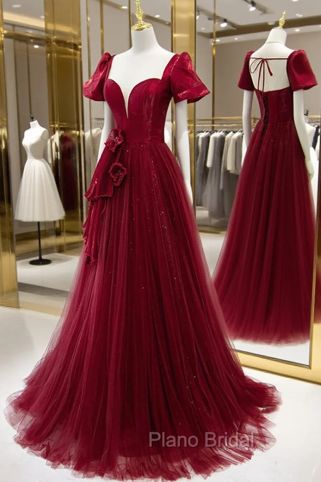 Burgundy Satin Tulle Long Formal Prom Dresses, A-Line Short Sleeve Evening Party Dresses