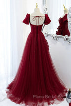 Burgundy Satin Tulle Long Formal Prom Dresses, A-Line Short Sleeve Evening Party Dresses