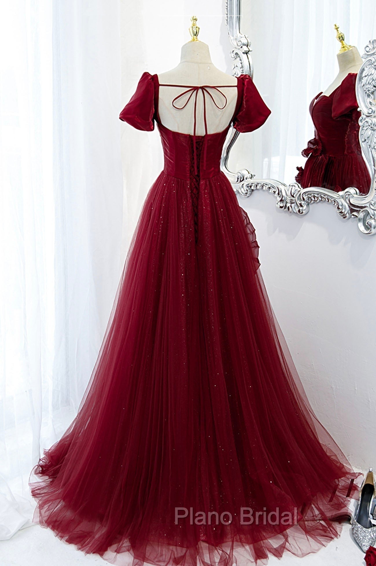 Burgundy Satin Tulle Long Formal Prom Dresses, A-Line Short Sleeve Evening Party Dresses