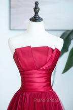 Burgundy Satin Tulle Long Formal Prom Dresses, A-Line Strapless Evening Dresses