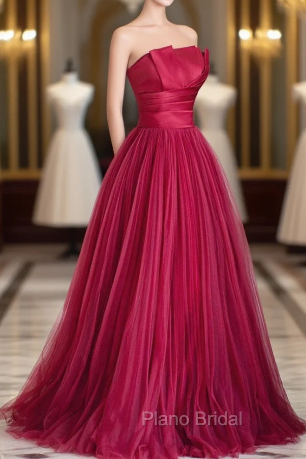 Burgundy Satin Tulle Long Formal Prom Dresses, A-Line Strapless Evening Dresses