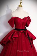 Burgundy Satin Tulle Long Formal Prom Dresses, Off Shoulder Evening Dresses