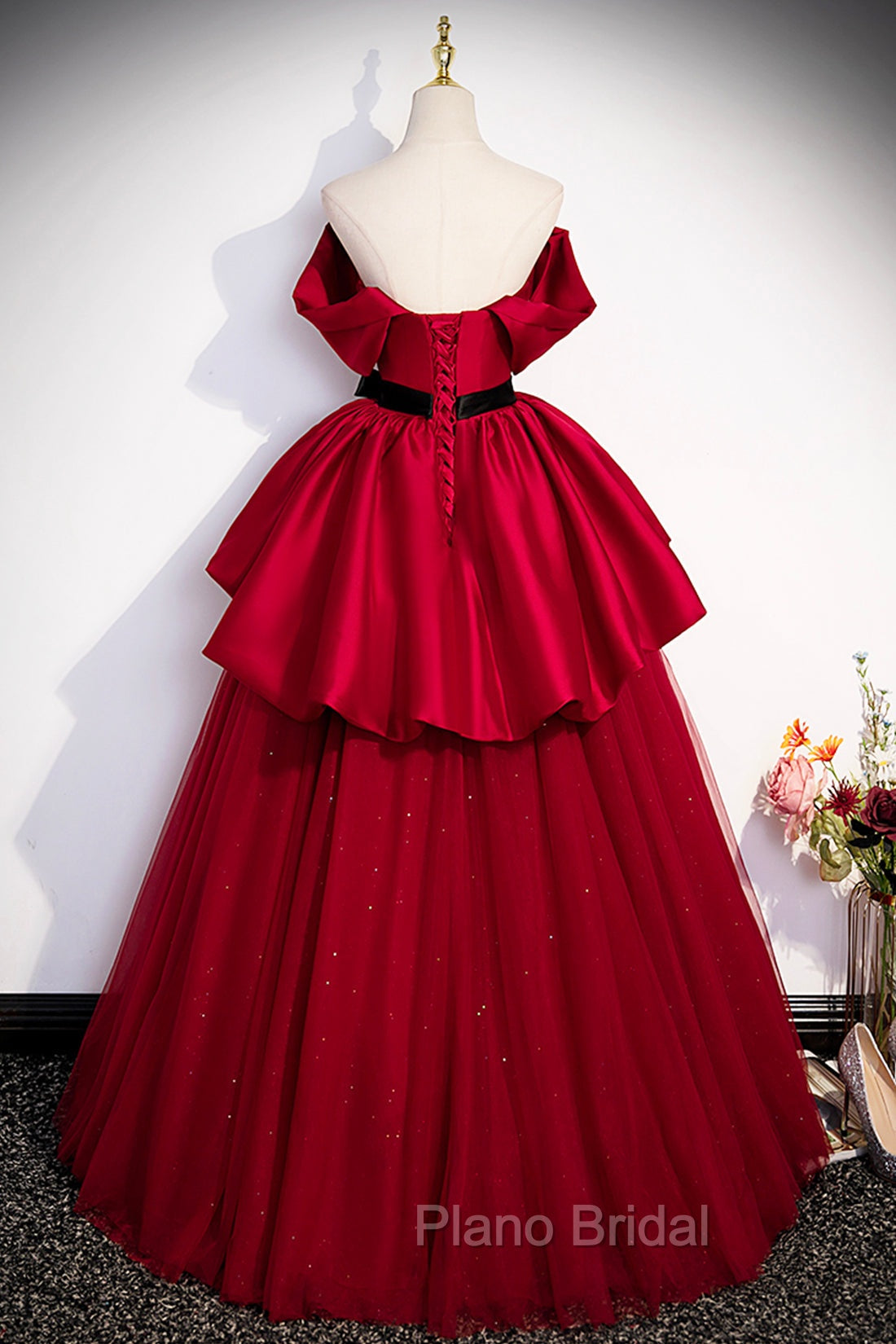 Burgundy Satin Tulle Long Formal Prom Dresses, Off Shoulder Evening Dresses