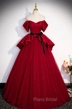 Burgundy Satin Tulle Long Formal Prom Dresses, Off Shoulder Evening Dresses