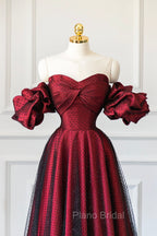 Burgundy Satin Tulle Long Formal Prom Dresses, Off Shoulder Evening Party Dresses